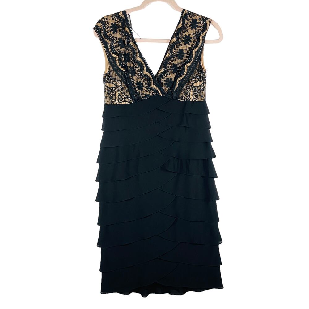 Adianna Papell Black Lace Tiered  Sleeveless Sheath Dress Size 6